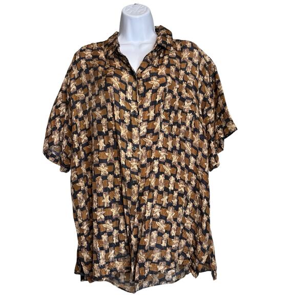 Vintage Cote de France Women's Brown Silk Abstract Print Button Up Shirt Size 2X - Picture 1 of 11